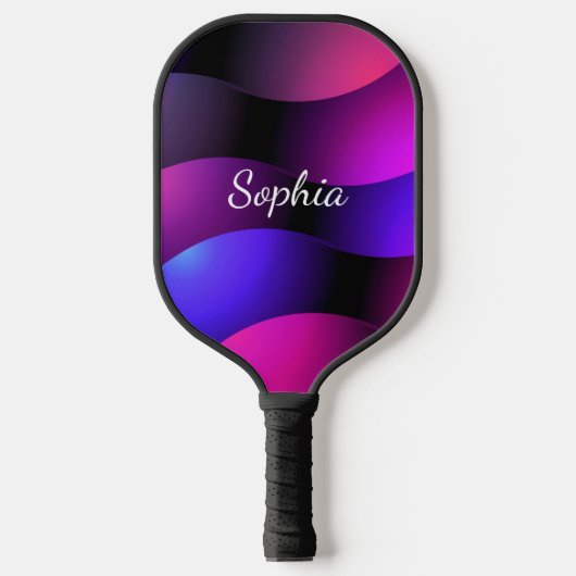 Farbenfrohe, geschwungene Formen, Name des weißen Pickleball Schläger (Vorderseite)