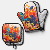 Farbenfrohe Gestaltung des Unterwasserlebens Ofenhandschuh & Topflappen-Set (Vorderseite/Rückseite)