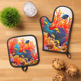 Farbenfrohe Gestaltung des Unterwasserlebens Ofenhandschuh & Topflappen-Set