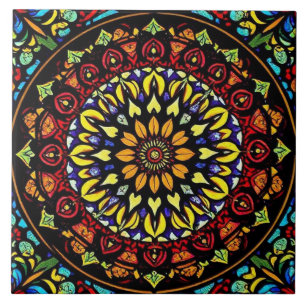 Farbenfrohe gestanzte Glasflora Mandala Artwork Fliese