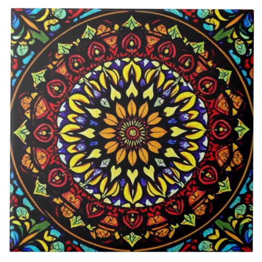 Farbenfrohe gestanzte Glasflora Mandala Artwork Fliese (Vorderseite)