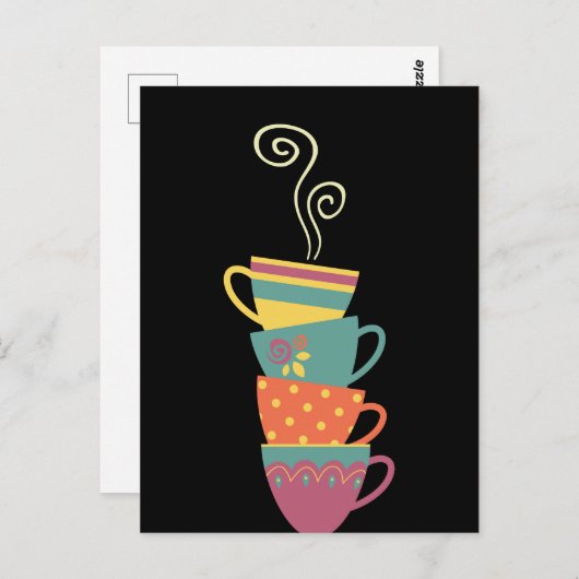 Farbenfrohe gestapelte Tee-/Kaffeebecher, dampfhei Postkarte (Vorne/Hinten)