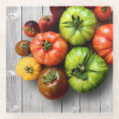Farbenfrohe gestreifte Tomaten auf Wettertisch Glasuntersetzer (Vorderseite)