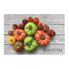 Farbenfrohe gestreifte Tomaten auf Wettertisch Laminiertes Tischset