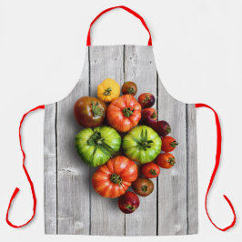 Farbenfrohe gestreifte Tomaten auf Wettertisch Schürze