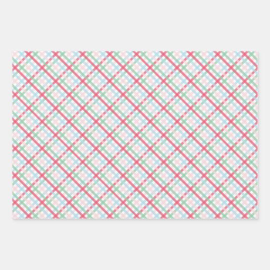 Farbenfrohe Gingham- und Weihnachtsbäume Geschenkpapier Set (Vorderseite)