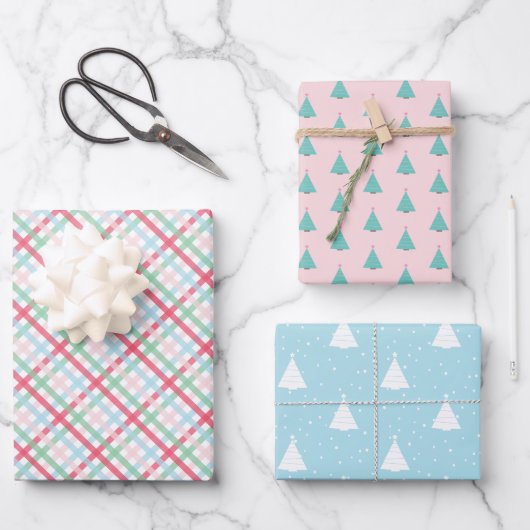 Farbenfrohe Gingham- und Weihnachtsbäume Geschenkpapier Set (Vorderseite)