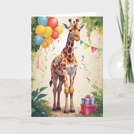 Farbenfrohe Giraffe mit Balloons im Dschungel | Ka Karte (Vorderseite)