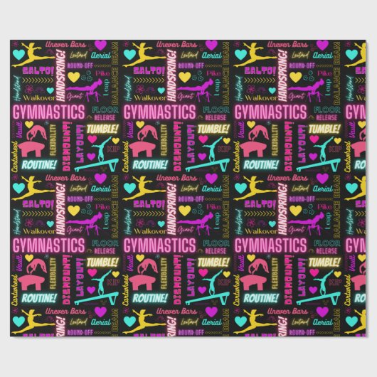 Farbenfrohe Girls Gymnastik Glossartypografie Geschenkpapier (Flach)