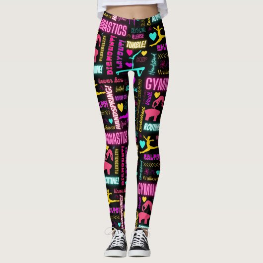 Farbenfrohe Girls Gymnastik Glossartypografie Leggings (Vorderseite)