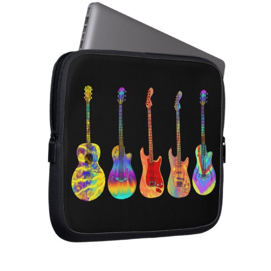 Farbenfrohe Gitarren auf schwarz Laptopschutzhülle (Vorne Rechts)
