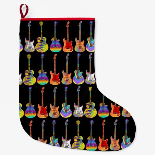 Farbenfrohe Gitarrenmuster auf schwarz Großer Weihnachtsstrumpf (Vorderseite)