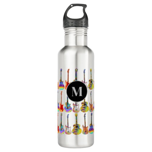 Farbenfrohe Gitarrenmuster-Monogramm Edelstahlflasche (Vorderseite)