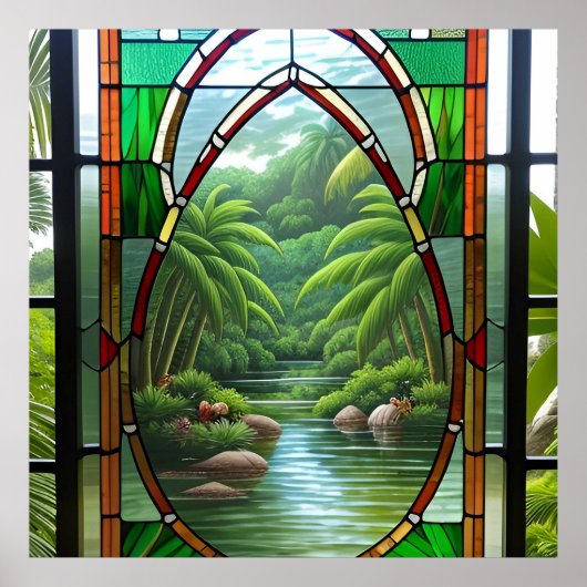 Farbenfrohe Glasfenster Naturlandschaft Poster (Vorne)