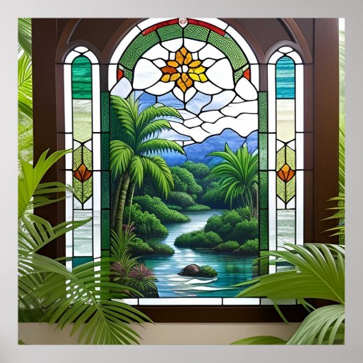 Farbenfrohe Glasfenster Naturlandschaft Poster (Vorne)