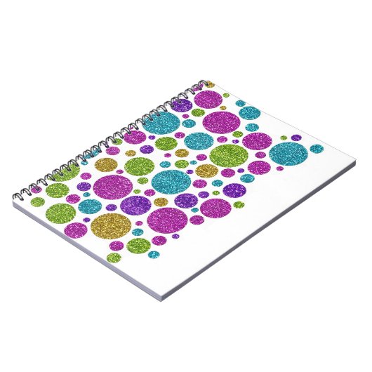 Farbenfrohe Glittery Punkte auf jedem Farbbuch Notizblock (Linke Seite)