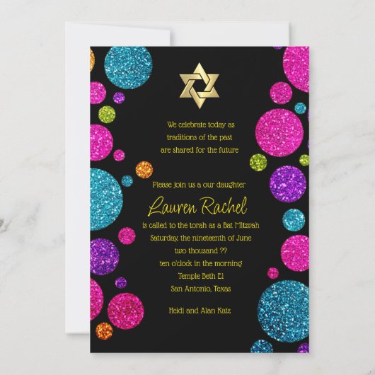 Farbenfrohe Glittery Punkte auf jeder Farbe Bat Mi Einladung (Rückseite)