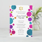 Farbenfrohe Glittery Punkte auf jeder Farbe Bat Mi Einladung (Stehend Vorderseite)