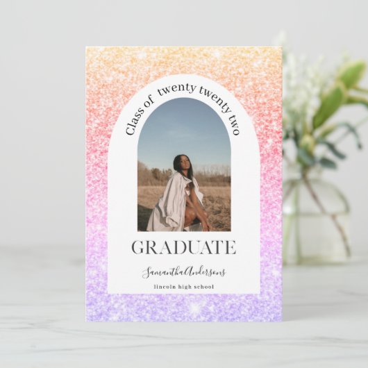 Farbenfrohe Glitzer Glitzern Arc Foto Abschluss Einladung (Stehend Vorderseite)
