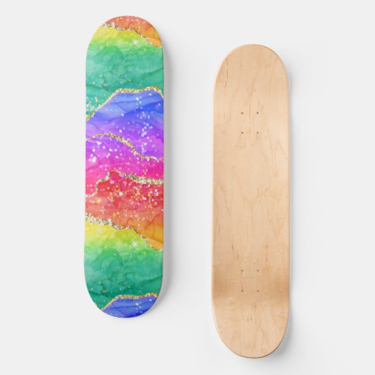 Farbenfrohe Glitzer mit leuchtendem Regenbogen Skateboard (Vorderseite)