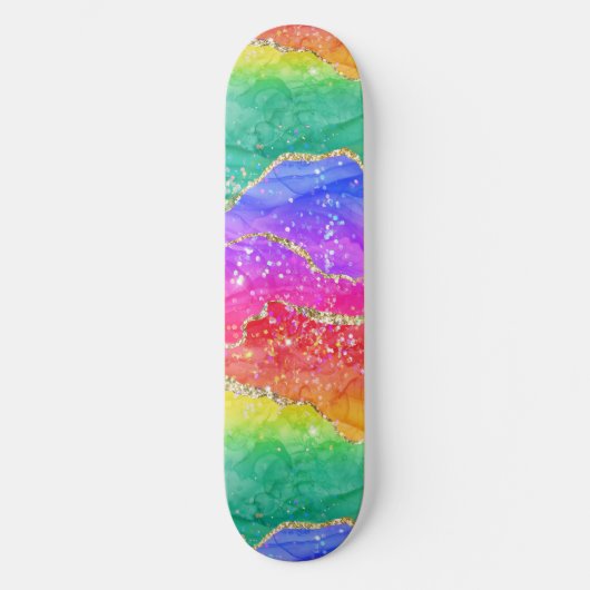 Farbenfrohe Glitzer mit leuchtendem Regenbogen Skateboard (Vorderseite)