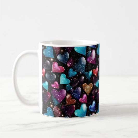 Farbenfrohe glitzernde Herzmuster Kaffeetasse (Links)