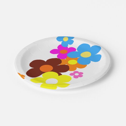 Farbenfrohe glückliche Blume Pappteller (Schrägansicht)