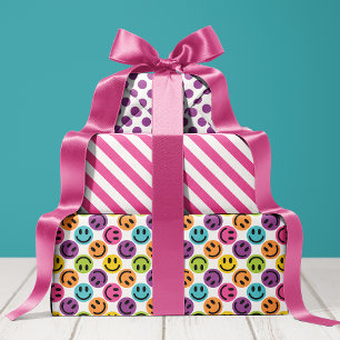 Farbenfrohe glückliche Gesichtsstreifen und Punkte Geschenkpapier Set
