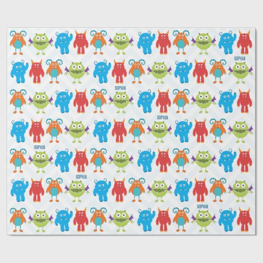 Farbenfrohe glückliche Monster mit Kid Name Patter Geschenkpapier (Flach)