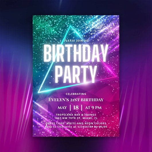 Farbenfrohe Glühneon 21. Geburtstag Party Einladung