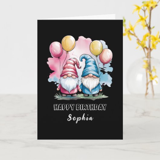 Farbenfrohe Gnome mit Ballons Karte (Gelbe Blume)