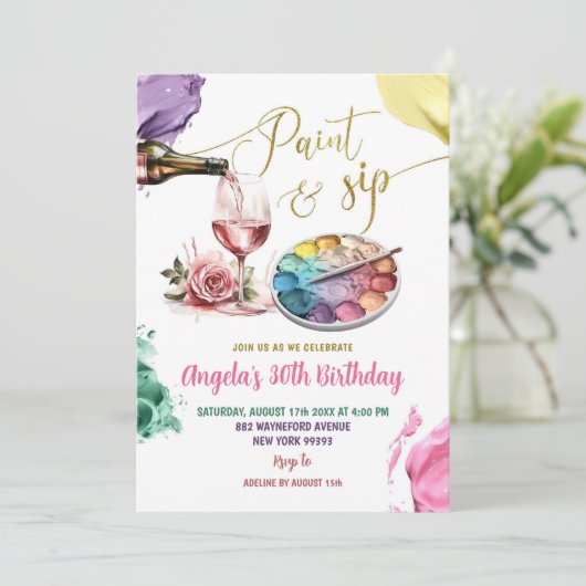 Farbenfrohe goldene Farbe und Sip Erwachsene Gebur Einladung (Stehend Vorderseite)