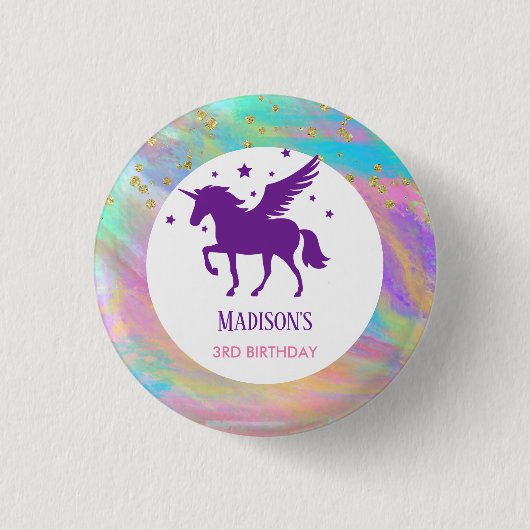 Farbenfrohe goldene Fesseln Lila Einhorn Geburtsta Button (Vorderseite)
