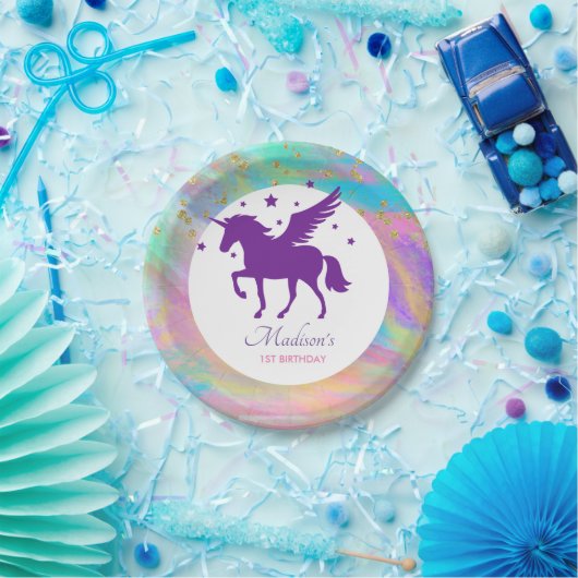 Farbenfrohe goldene Fesseln Lila Einhorn Geburtsta Pappteller (Party)