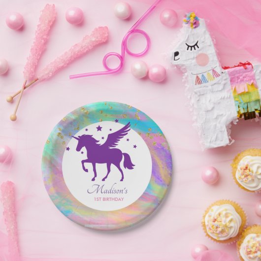 Farbenfrohe goldene Fesseln Lila Einhorn Geburtsta Pappteller (Party)
