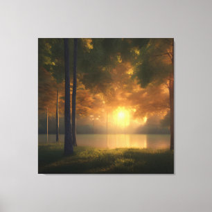 Farbenfrohe goldene Stunde Seenwald Canvas Print Leinwanddruck