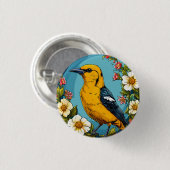 Farbenfrohe goldene Vogelgezwitscher Blühende Blum Button (Vorne & Hinten)