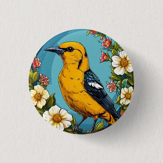 Farbenfrohe goldene Vogelgezwitscher Blühende Blum Button (Vorderseite)