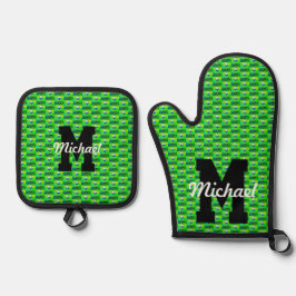 Farbenfrohe Golf Muster Monogram T-Shirt Off Name  Ofenhandschuh & Topflappen-Set