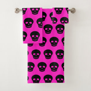 Farbenfrohe Goth Hot Pink Skull Muster hell Badhandtuch Set