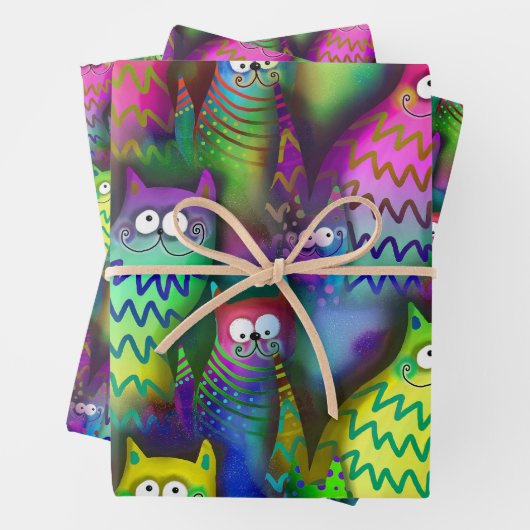 Farbenfrohe Grafikkatzen mit Grins 3 Geschenk Geschenkpapier Set (Beispiel)