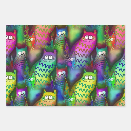 Farbenfrohe Grafikkatzen mit Grins 3 Geschenk Geschenkpapier Set (Vorderseite)
