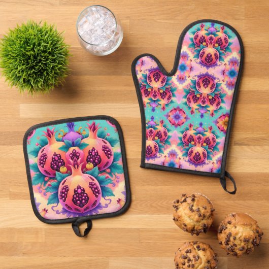 Farbenfrohe Granatapfel Ofenhandschuh & Topflappen-Set (Oben Unten)