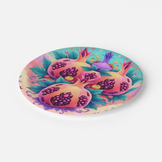 Farbenfrohe Granatapfel Pappteller (Schrägansicht)