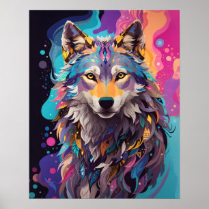 Farbenfrohe graue Wolf Neon Farben Poster