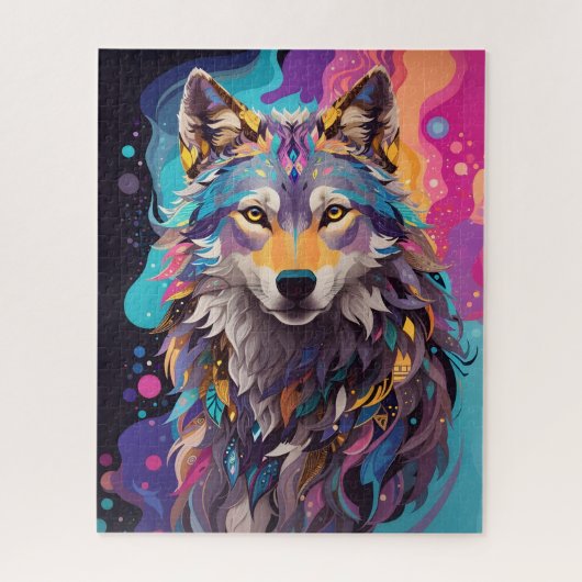 Farbenfrohe graue Wolf Neon Farben Puzzle (Vertikal)
