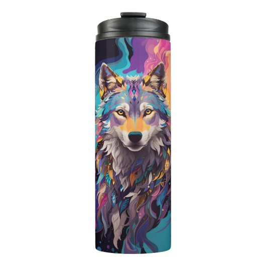 Farbenfrohe graue Wolf Neon Farben Thermosbecher (Vorderseite)