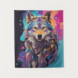 Farbenfrohe graue Wolf Neon Farben Wandteppich
