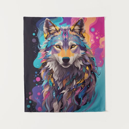 Farbenfrohe graue Wolf Neon Farben Wandteppich (Vorderseite)