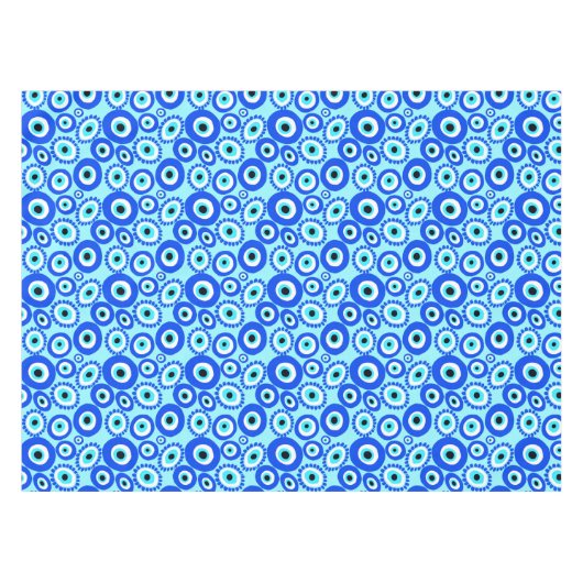 Farbenfrohe griechische Augapattern auf Aqua Blue Tischdecke (Vorderseite (Horizontal))